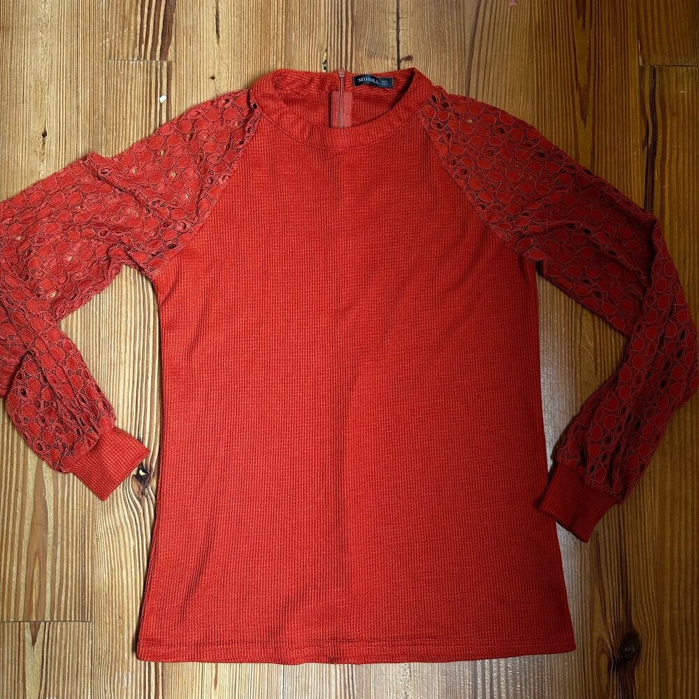 Miholl orange lace long sleeve waffle knit tee SIZE S